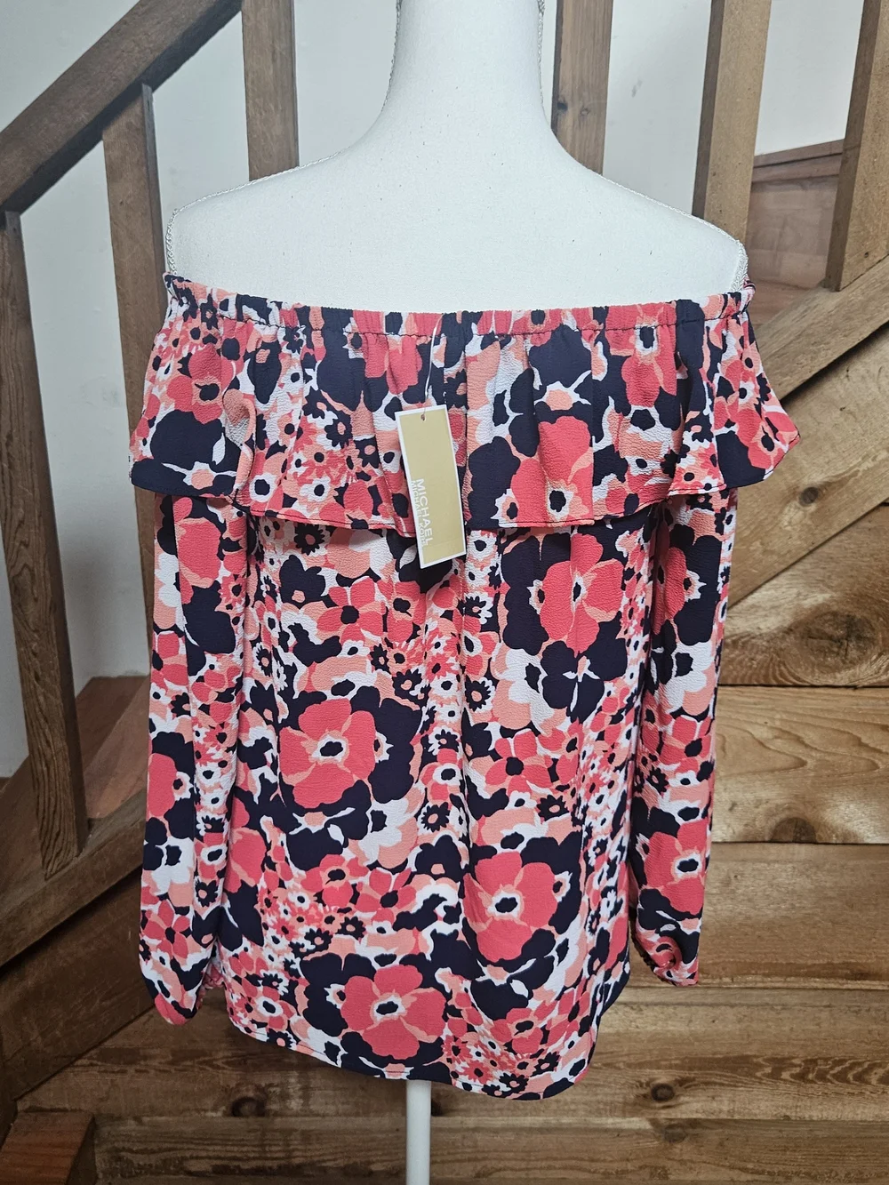 Michael Kors Coral & Navy Floral Off-Shoulder Blouse